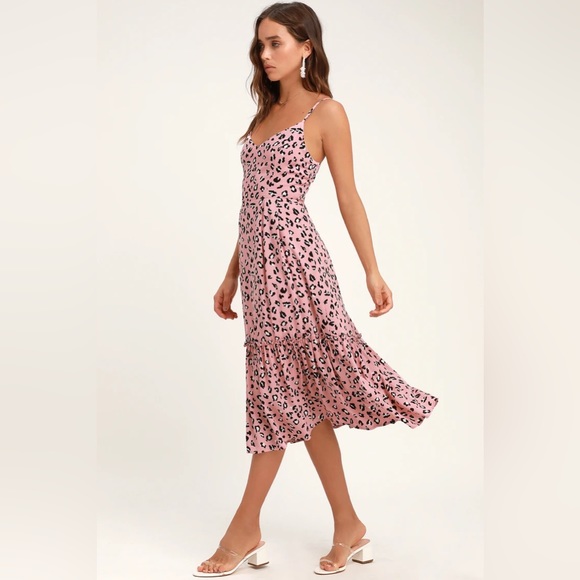 Lulus Small Pink Leopard Print Midi Dress Summer‎ Spring Fall Vacation Dress - Picture 2 of 8